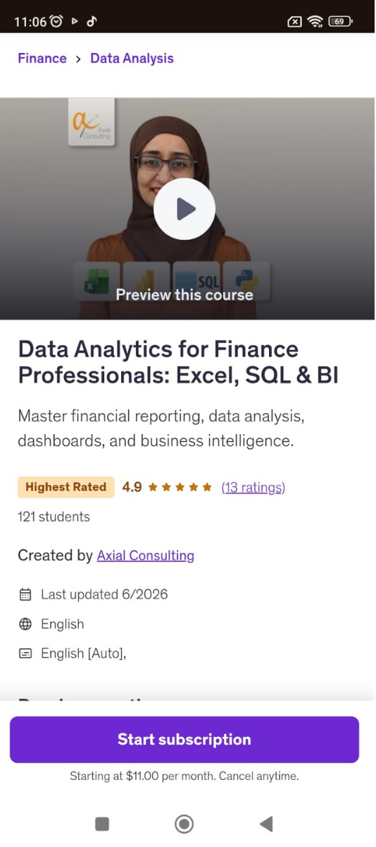 Data Analytics for Finance Professionals course screenshot on Udemy